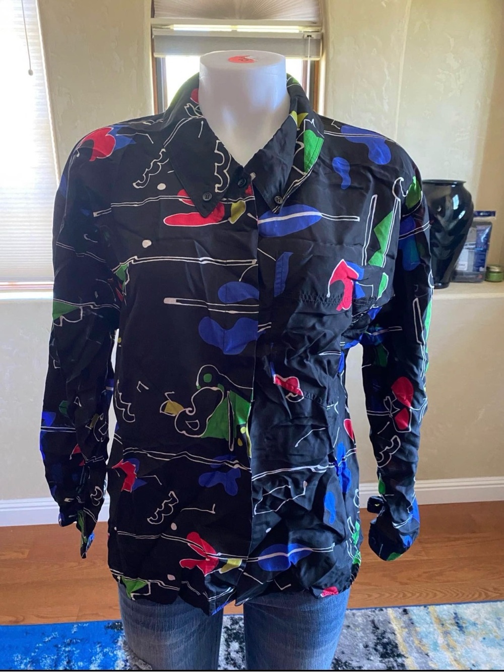 Women’s Vintage Anne Klein Abstract Art Black Colorful Button Down Blouse Sz 4
